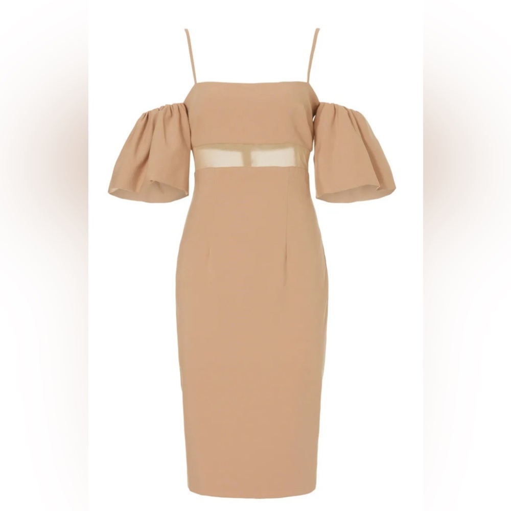 Black Halo Beige Leona Sheath Dress with Sheer Waist and Puff Sleeves